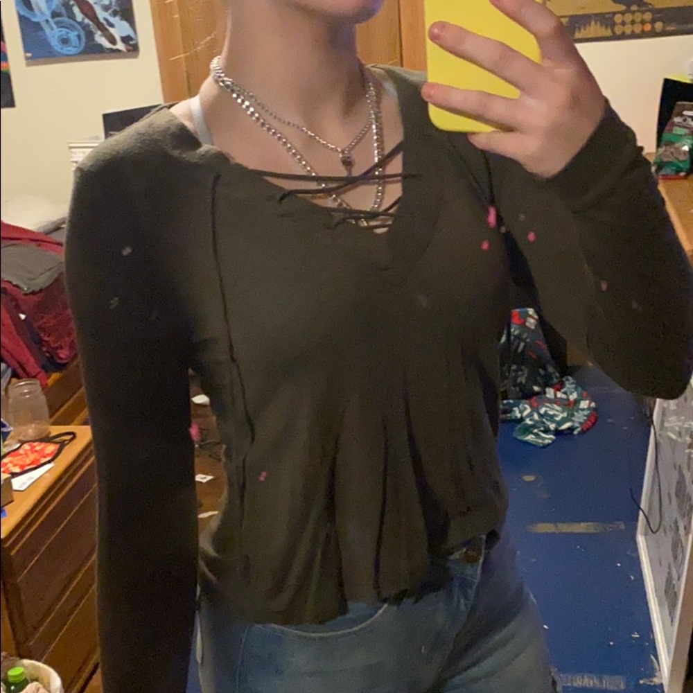 Olive green lace up long sleeve shirt